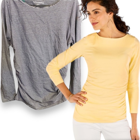 SOFT SURROUNDINGS Josephine Ruched Striped Boatneck Long Sleeve Tee Medium - Picture 1 of 7